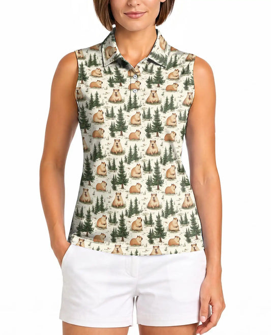 Watercolor Capybara Forest Pattern Sleeveless Polo Shirt for Women| Azhawaiian
