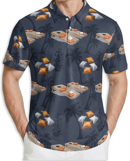 Cornhole Tropical 3D Polo Shirt for Men, Backyard Game Summer Style | Azhawaiian