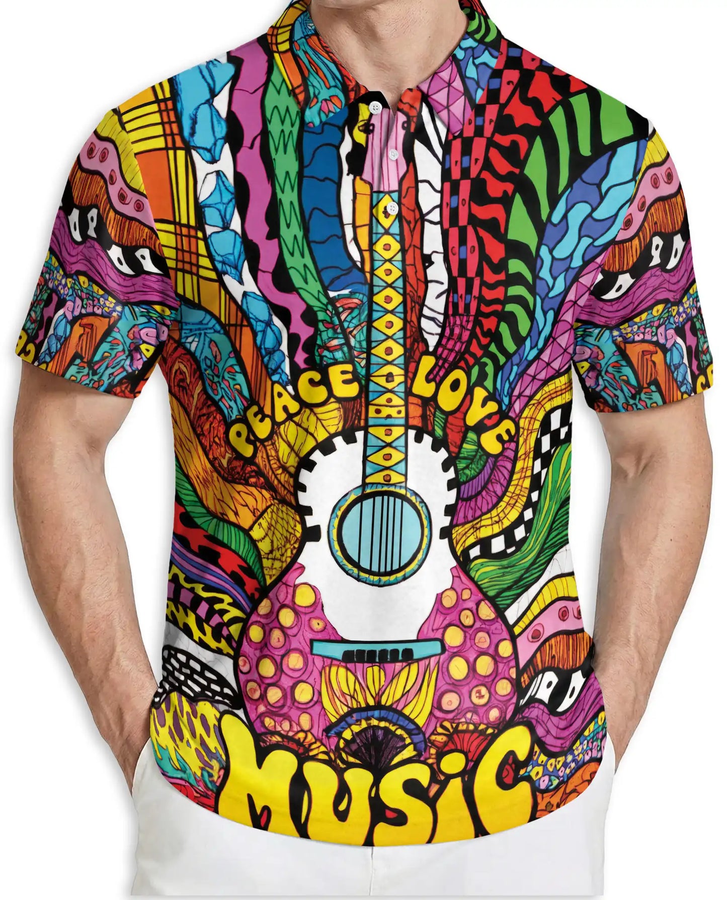 Psychedelic Music 3D Polo Shirt for Men, Colorful Guitar Art Style | Azhawaiian