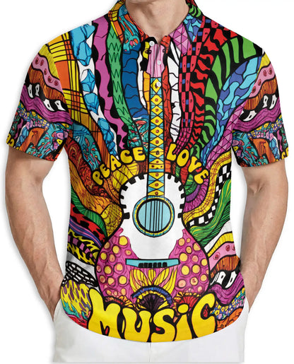 Psychedelic Music 3D Polo Shirt for Men, Colorful Guitar Art Style | Azhawaiian
