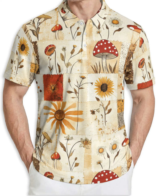 Vintage Mushroom Polo Shirt, Botanical Wildflower Print | Azhawaiian