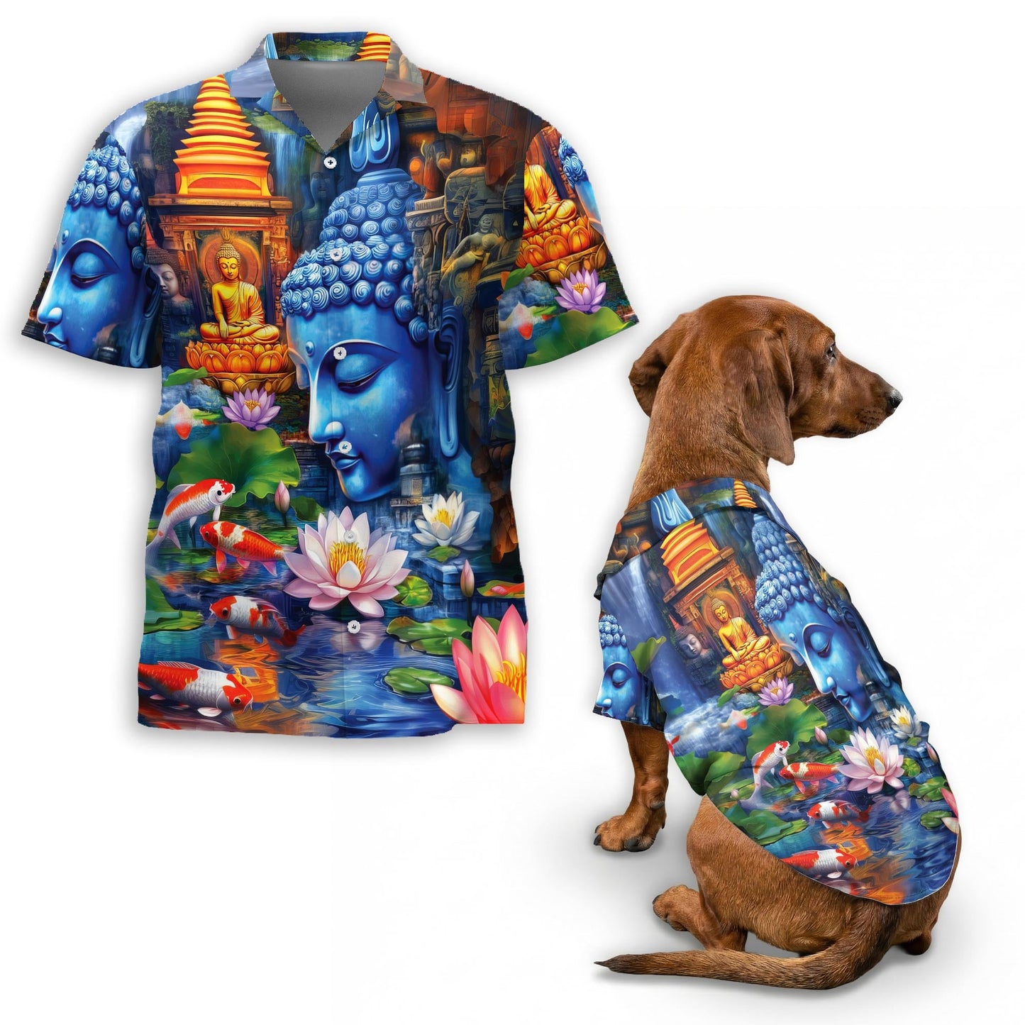 Buddha Matching Dog Owner Hawaiian Shirts, Funny Pet Aloha Shirt for Beach Vacation - Azhawaiian
