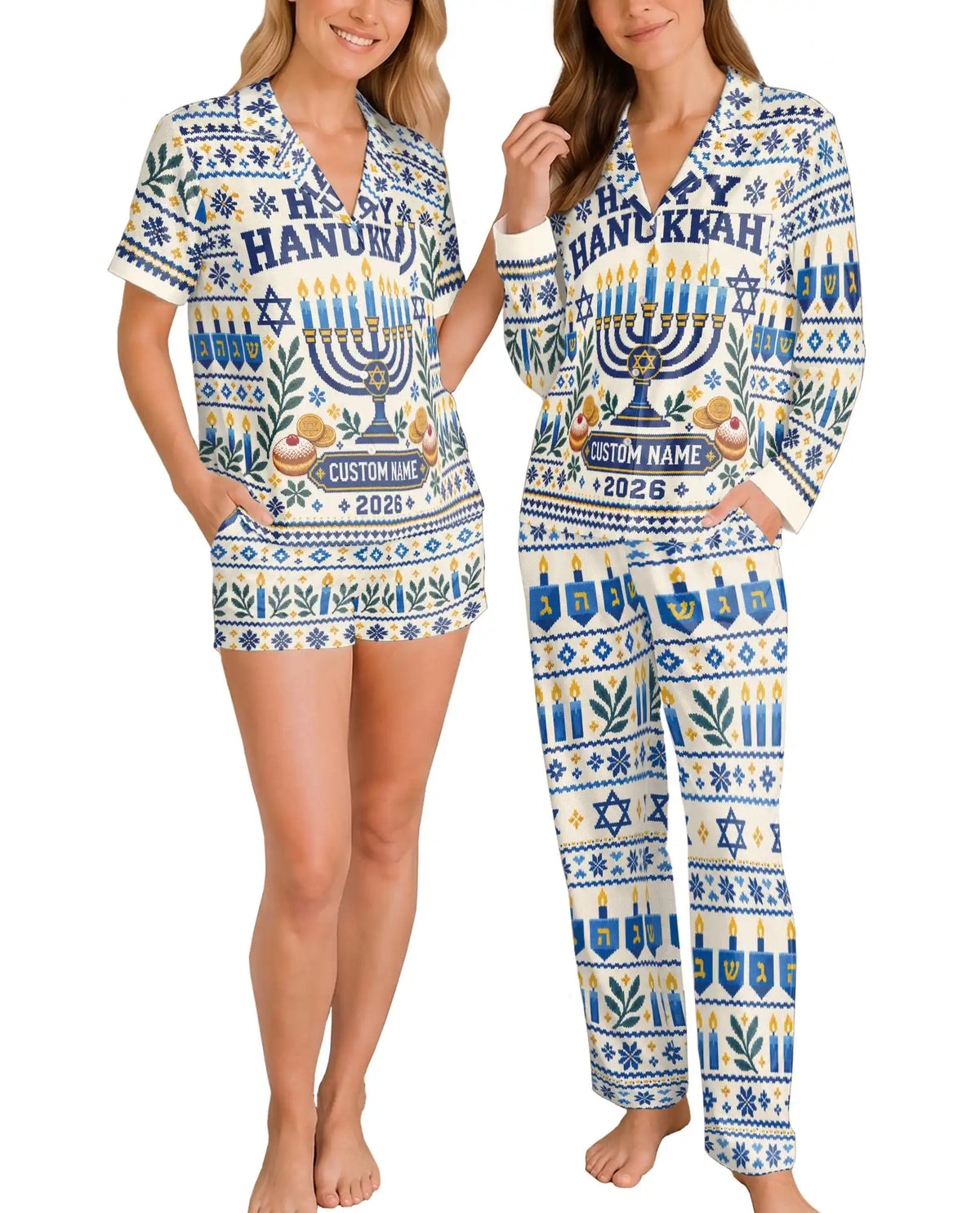Personalized Hanukkah Pajama Set for Women – Custom Name & Year Menorah Print