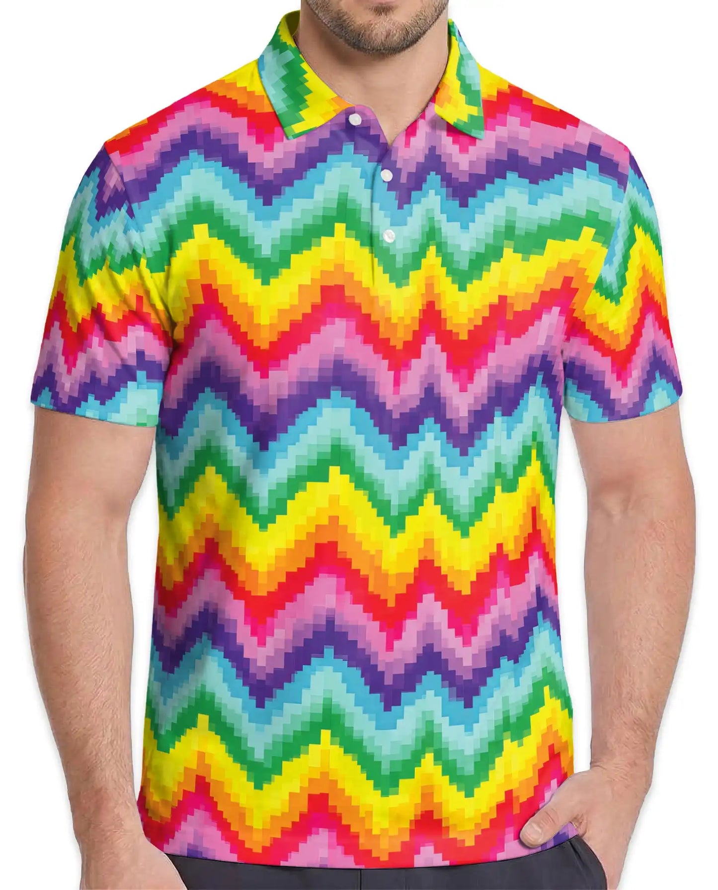 Rainbow Zigzag Polo Shirt for Men, Colorful Retro Style | Azhawaiian