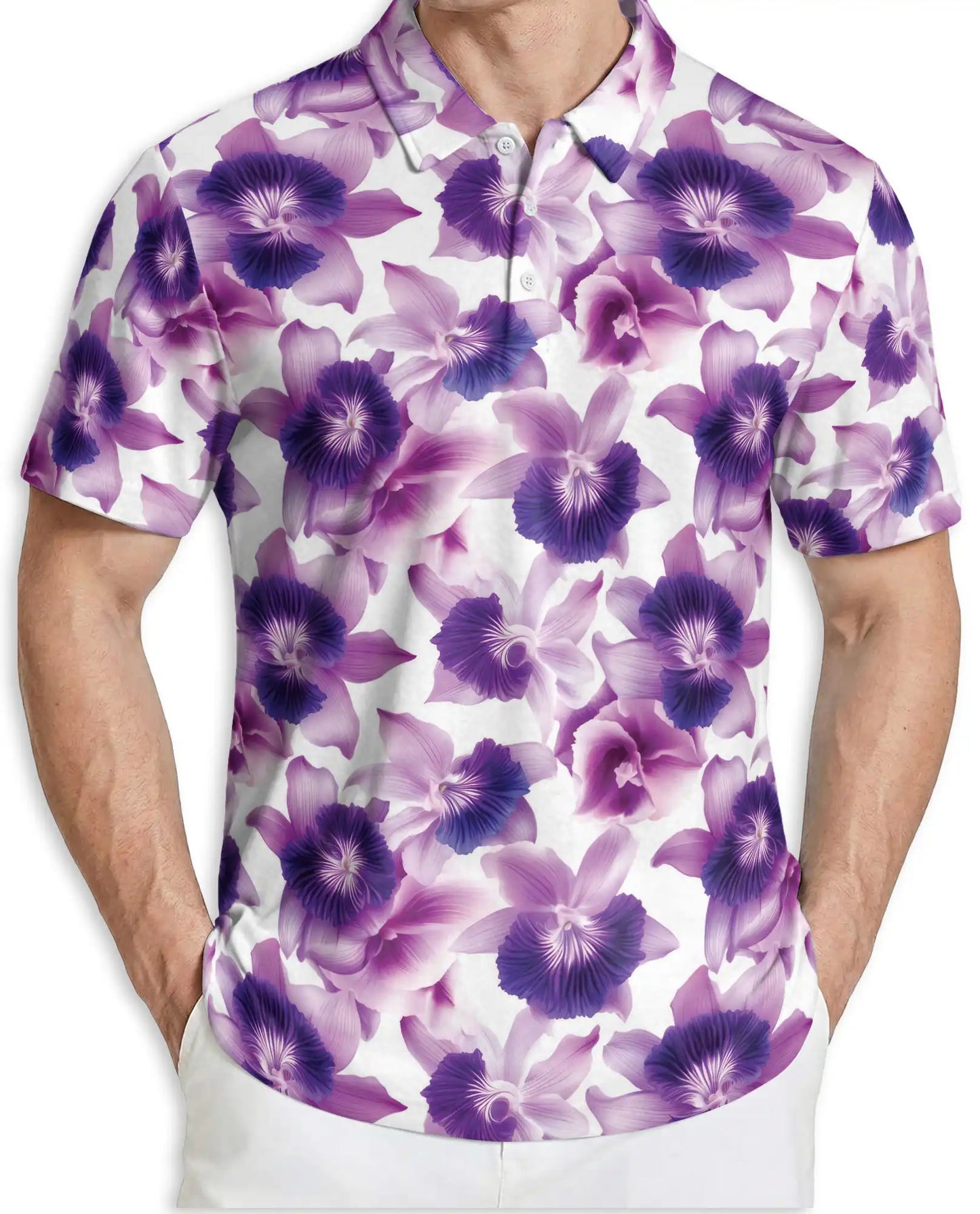 Purple Orchid Floral Polo Shirt for Men-Tropical Flower Botanical Summer | Azhawaiian