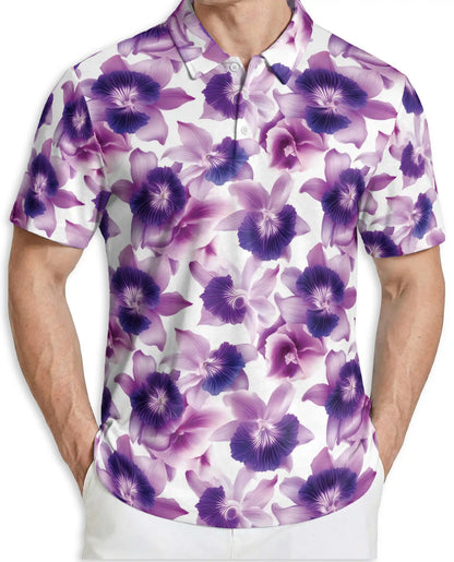 Purple Orchid Floral Polo Shirt for Men-Tropical Flower Botanical Summer | Azhawaiian