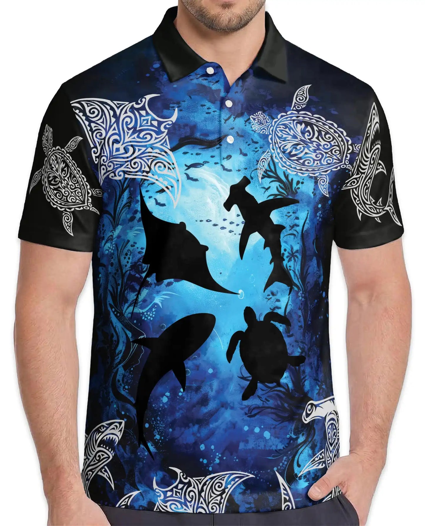 Ocean Turtle Shark Polo Shirt for Men, Tribal Sea Style | Azhawaiian