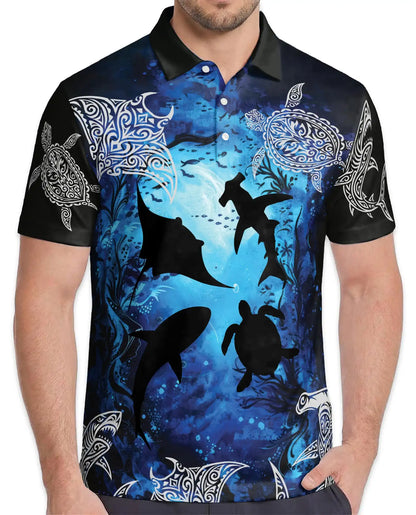 Ocean Turtle Shark Polo Shirt for Men, Tribal Sea Style | Azhawaiian
