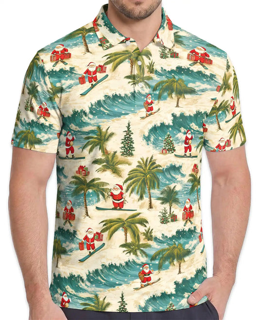 Tropical Christmas Polo Shirt, Santa Surfing Beach Print | Azhawaiian