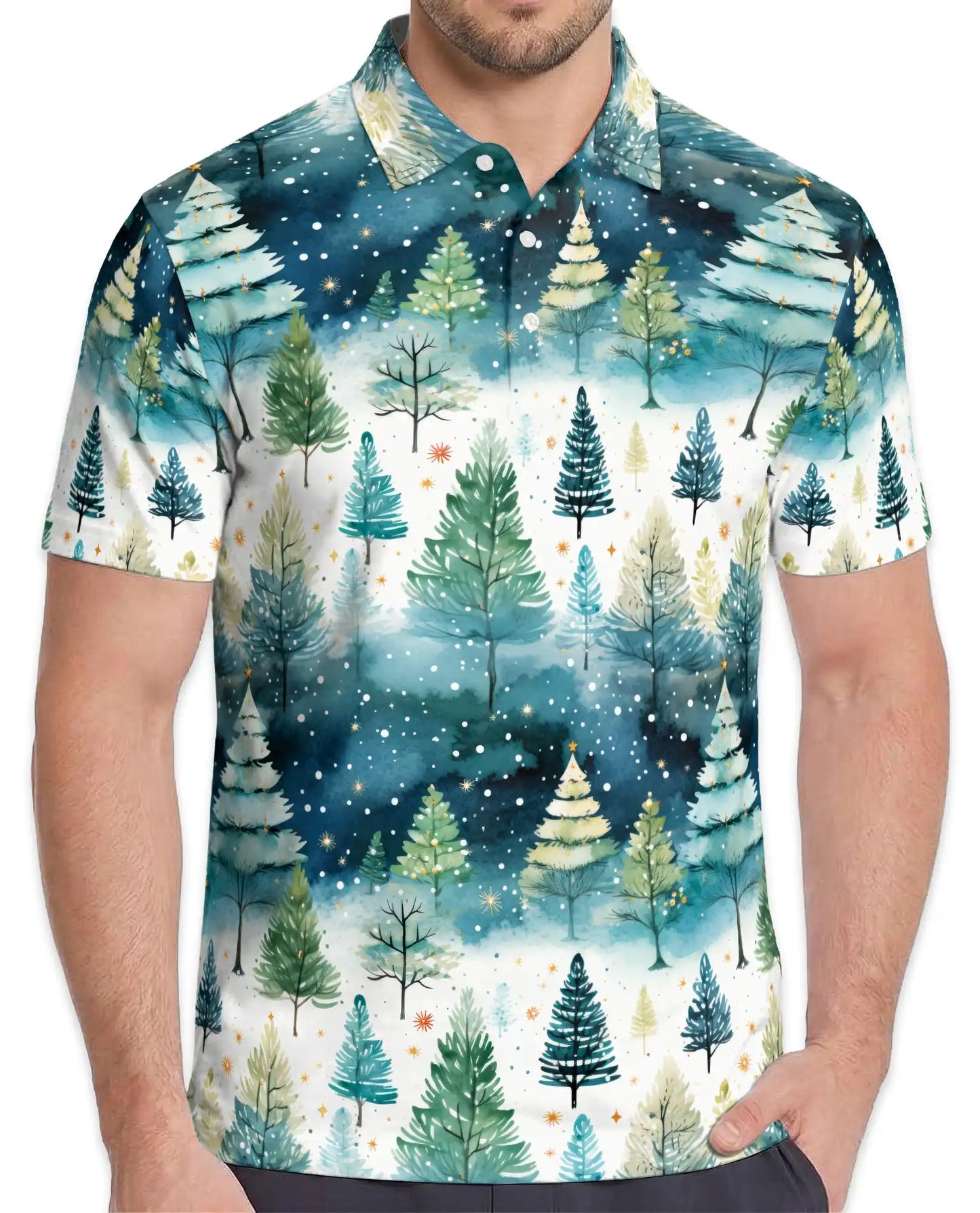 Winter Forest Polo Shirt - Snowy Christmas Tree Style | Azhawaiian