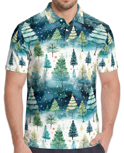 Winter Forest Polo Shirt - Snowy Christmas Tree Style | Azhawaiian