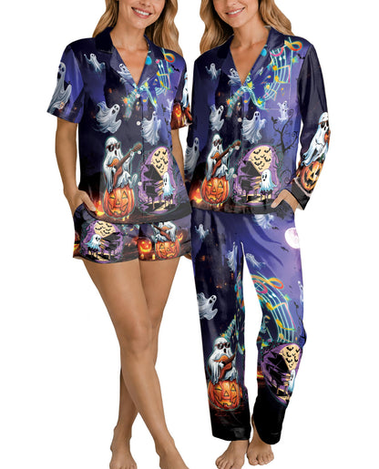 Halloween Ghost Pajama Set for Women, Spooky Pumpkin Holiday Sleepwear