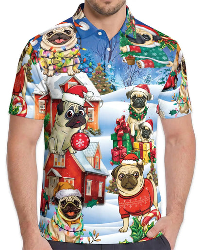 Christmas Pug 3D Polo Shirt for Men, Funny Holiday Dog Style | Azhawaiian