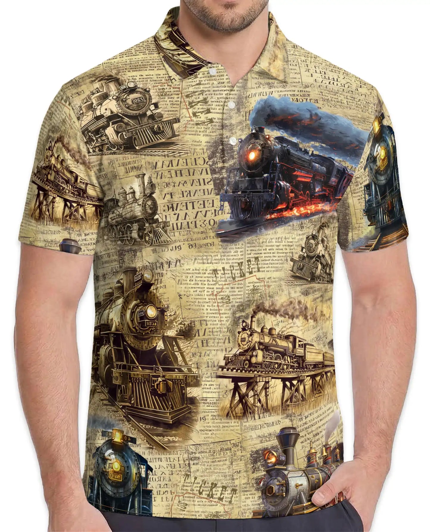 Vintage Train Polo Shirt for Men, Steam Locomotive Art | Azhawaiian