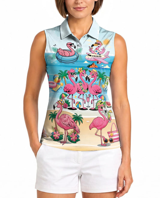Flamingo Cocktails Beach Sleeveless Polo Shirt for Women, Tropical Summer Style | Azhawaiian
