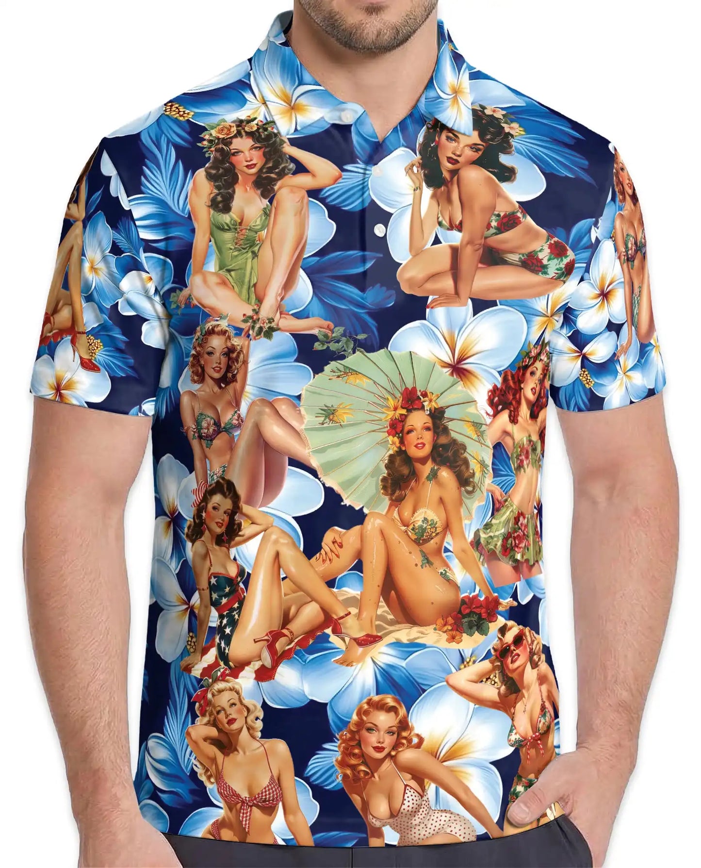 Vintage Pin-Up Girl Polo Shirt for Men - Tropical Plumeria | Azhawaiian