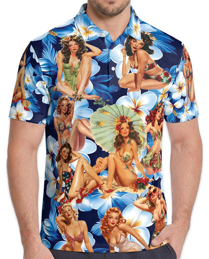 Vintage Pin-Up Girl Polo Shirt for Men - Tropical Plumeria | Azhawaiian