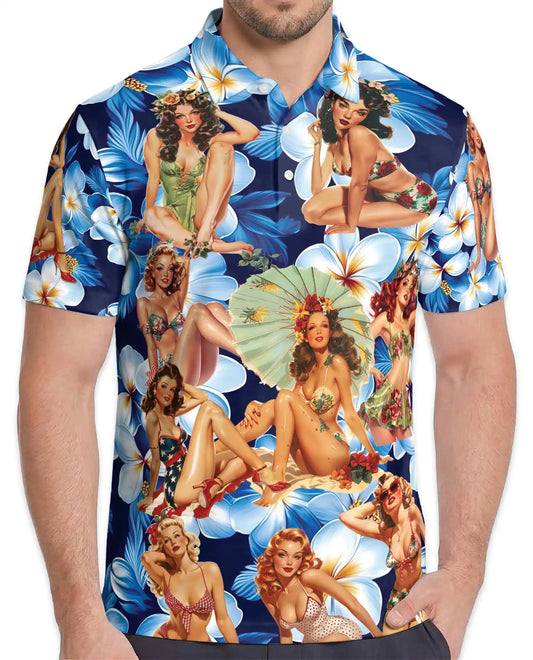 Vintage Pin-Up Girl Polo Shirt for Men - Tropical Plumeria | Azhawaiian