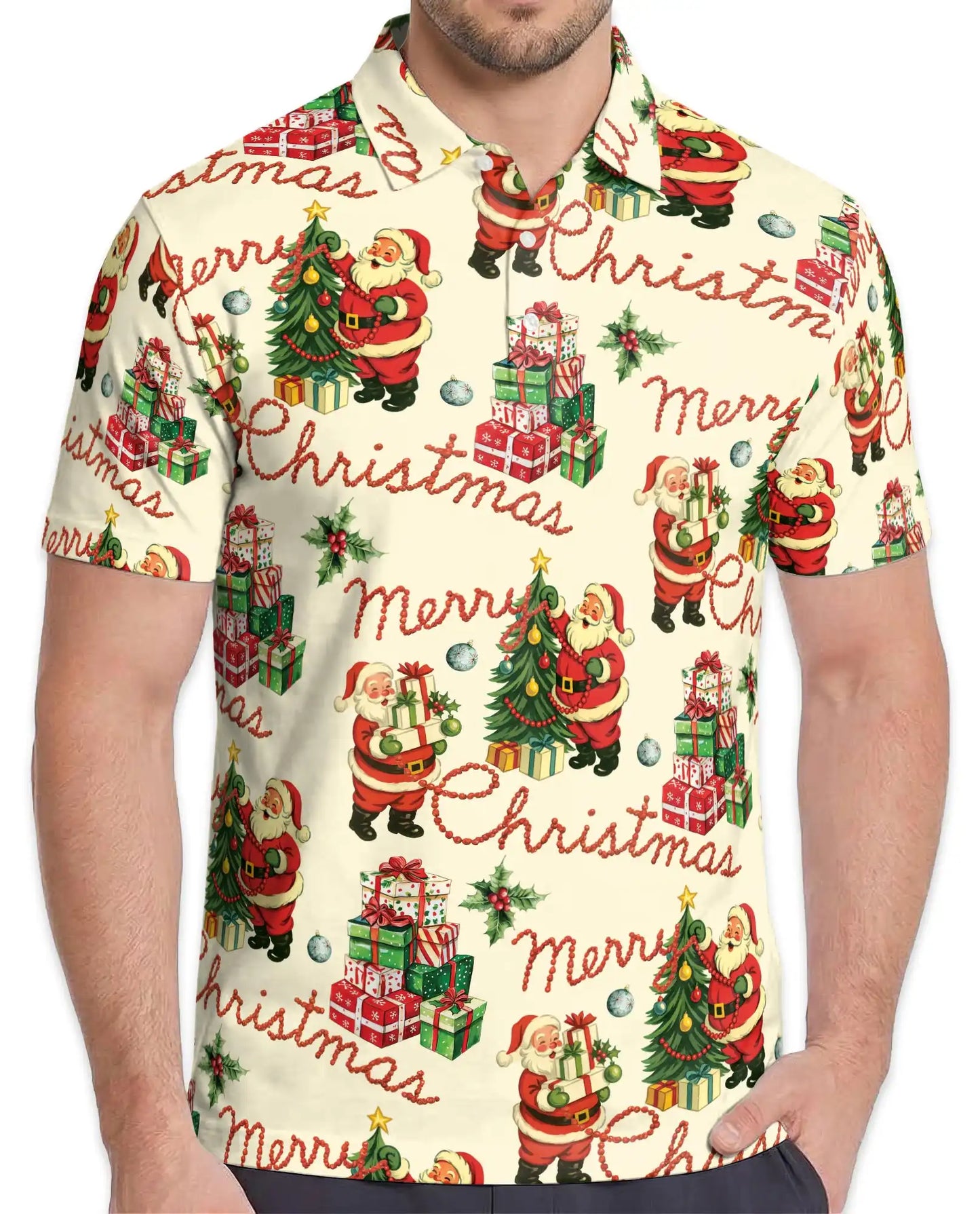 Vintage Merry Christmas 3D Polo Shirt for Men, Retro Santa Holiday Style | Azhawaiian