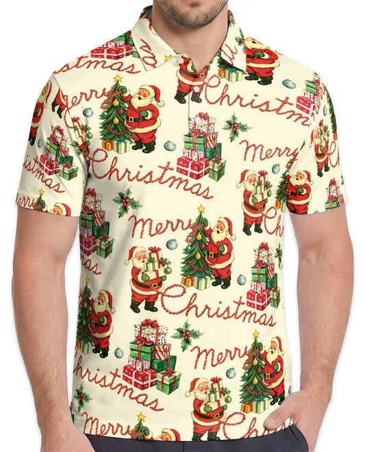 Vintage Merry Christmas 3D Polo Shirt for Men, Retro Santa Holiday Style | Azhawaiian