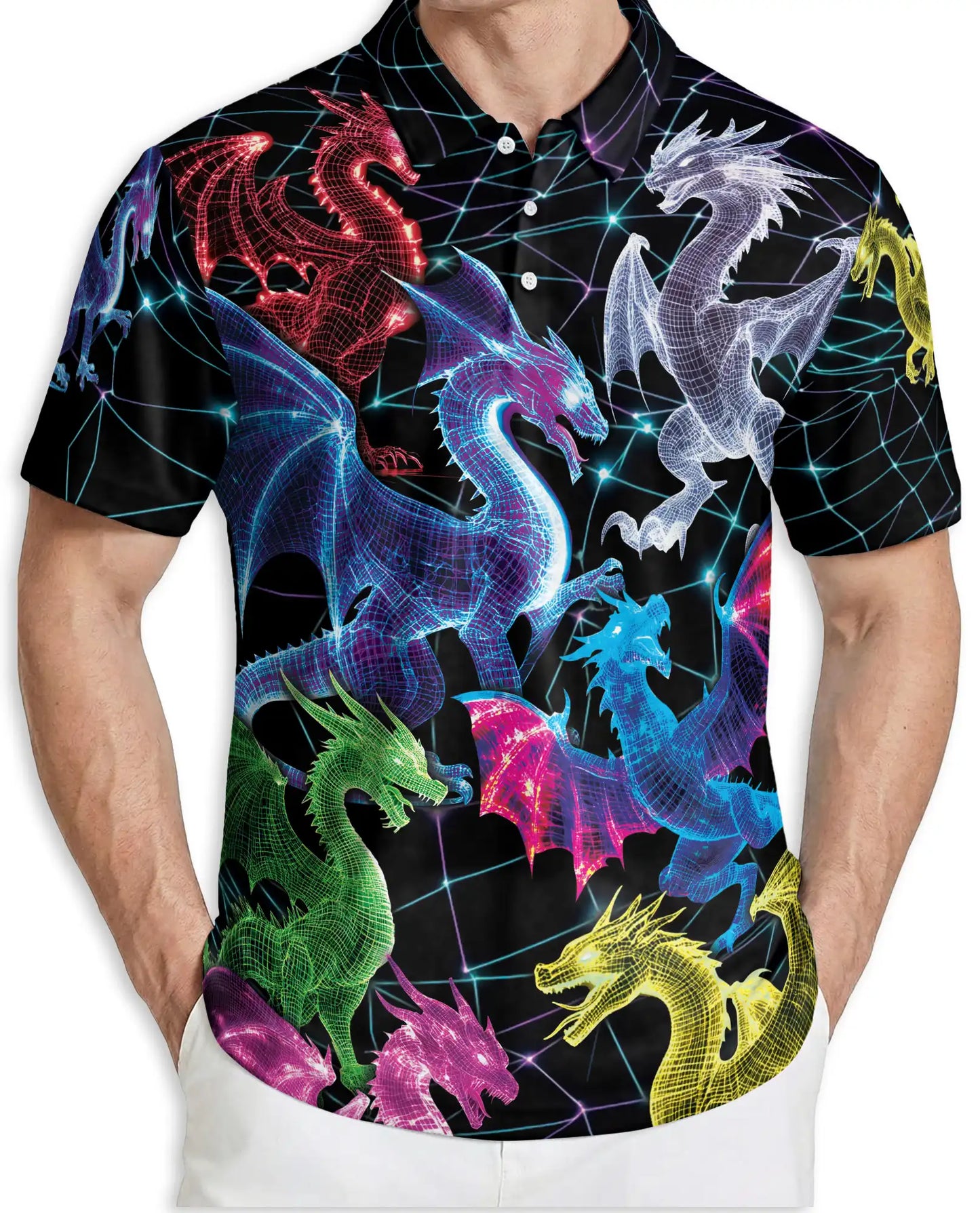 Neon Cyber Dragon 3D Polo Shirt for Men, Futuristic Fantasy Creature Style | Azhawaiian