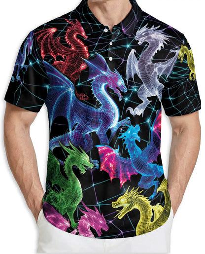 Neon Cyber Dragon 3D Polo Shirt for Men, Futuristic Fantasy Creature Style | Azhawaiian