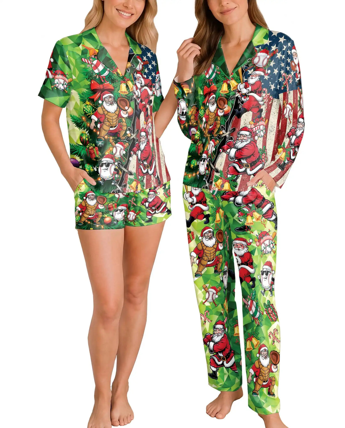 Baseball Santa Christmas Pajama Set for Women – American Flag Print