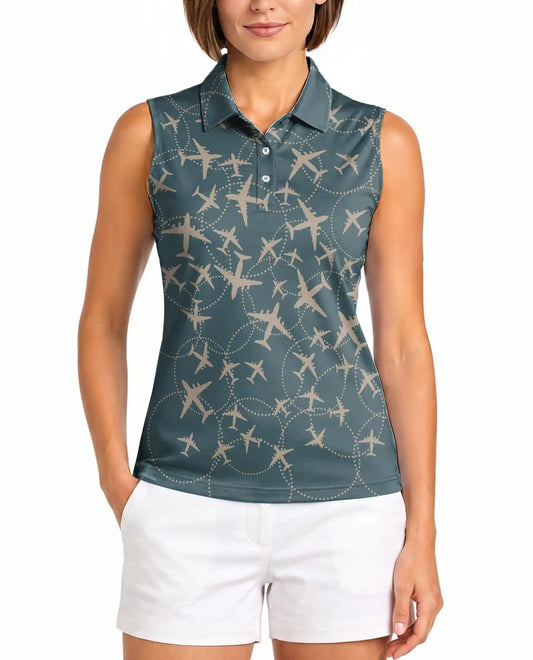 Airplane Sleeveless Polo Shirt for Women, Travel Lover Style | Azhawaiian