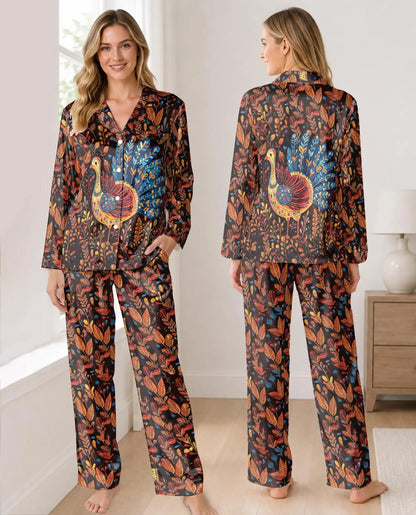 Thanksgiving Peacock Pajama Set for Women, Fall Holiday Sleepwear