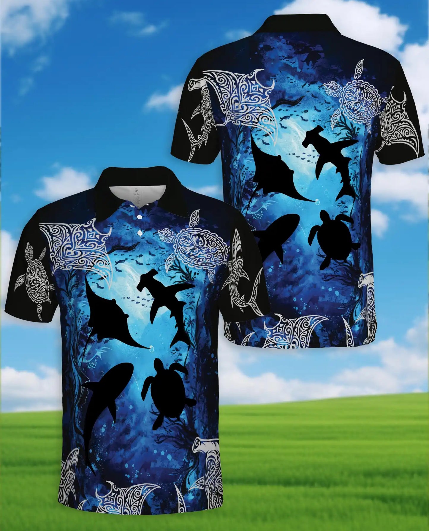 Ocean Turtle Shark Polo Shirt for Men, Tribal Sea Style | Azhawaiian