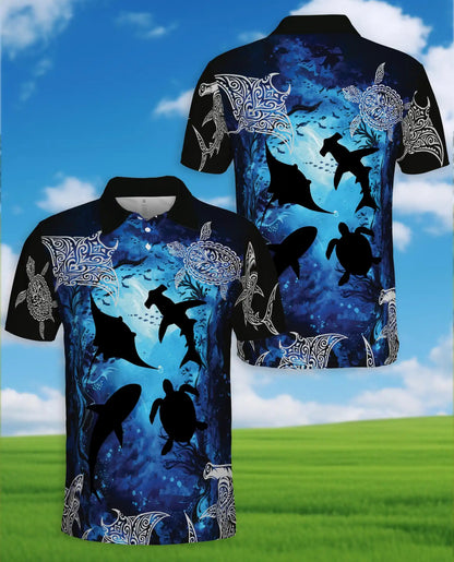 Ocean Turtle Shark Polo Shirt for Men, Tribal Sea Style | Azhawaiian