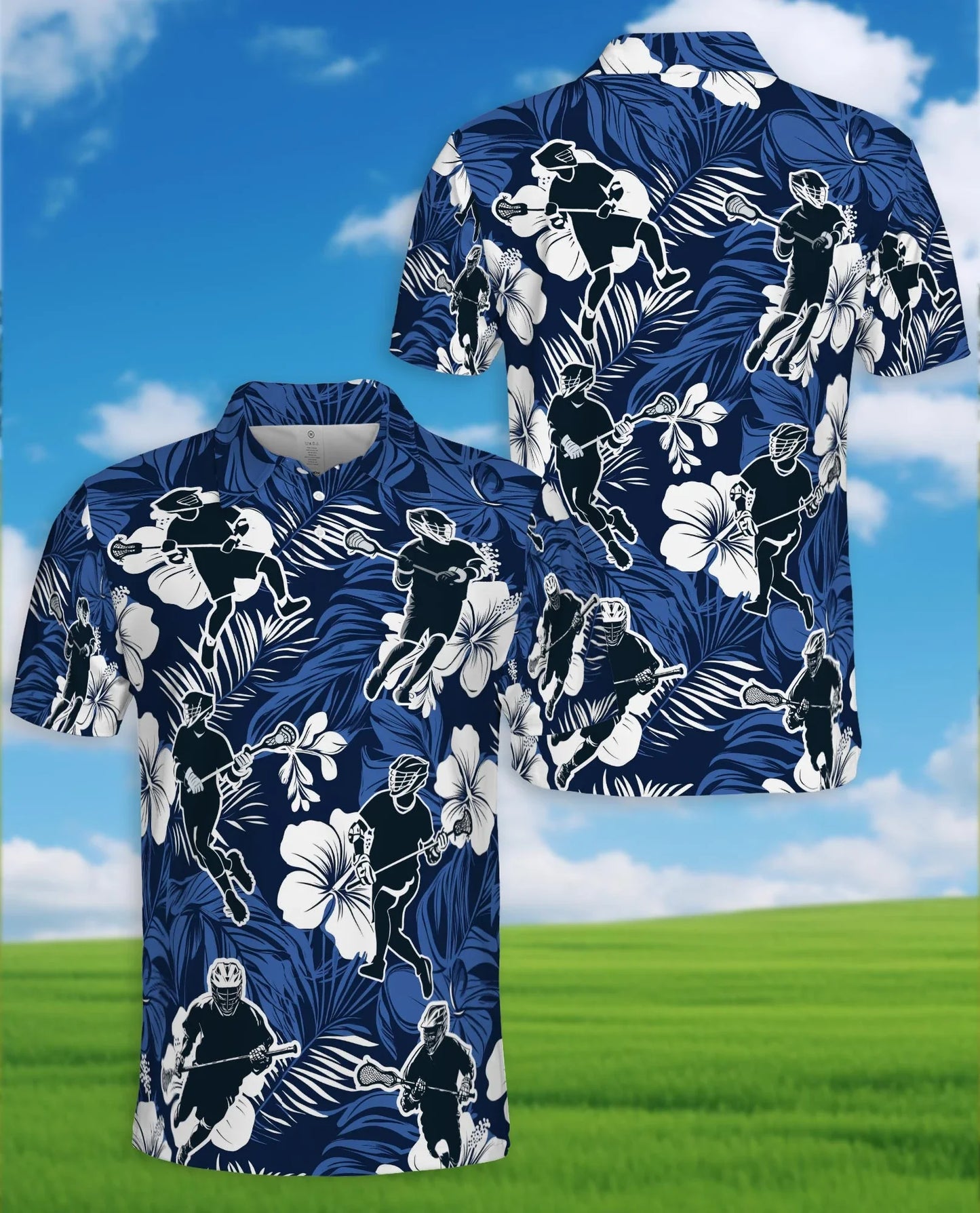 Blue Black Lacrosse Tropical Polo Shirt for Men, Sporty Island Style | Azhawaiian