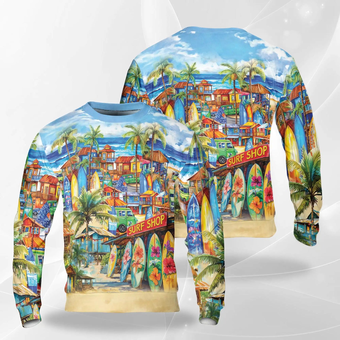 Vintage Surf Shop Beach Scene Pattern Sweatshirt – Vintage 3D All Over Print Design