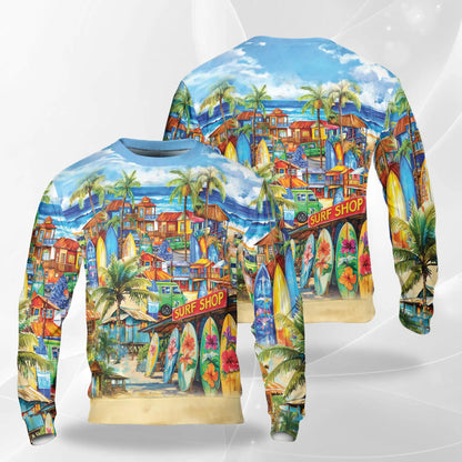 Vintage Surf Shop Beach Scene Pattern Sweatshirt – Vintage 3D All Over Print Design