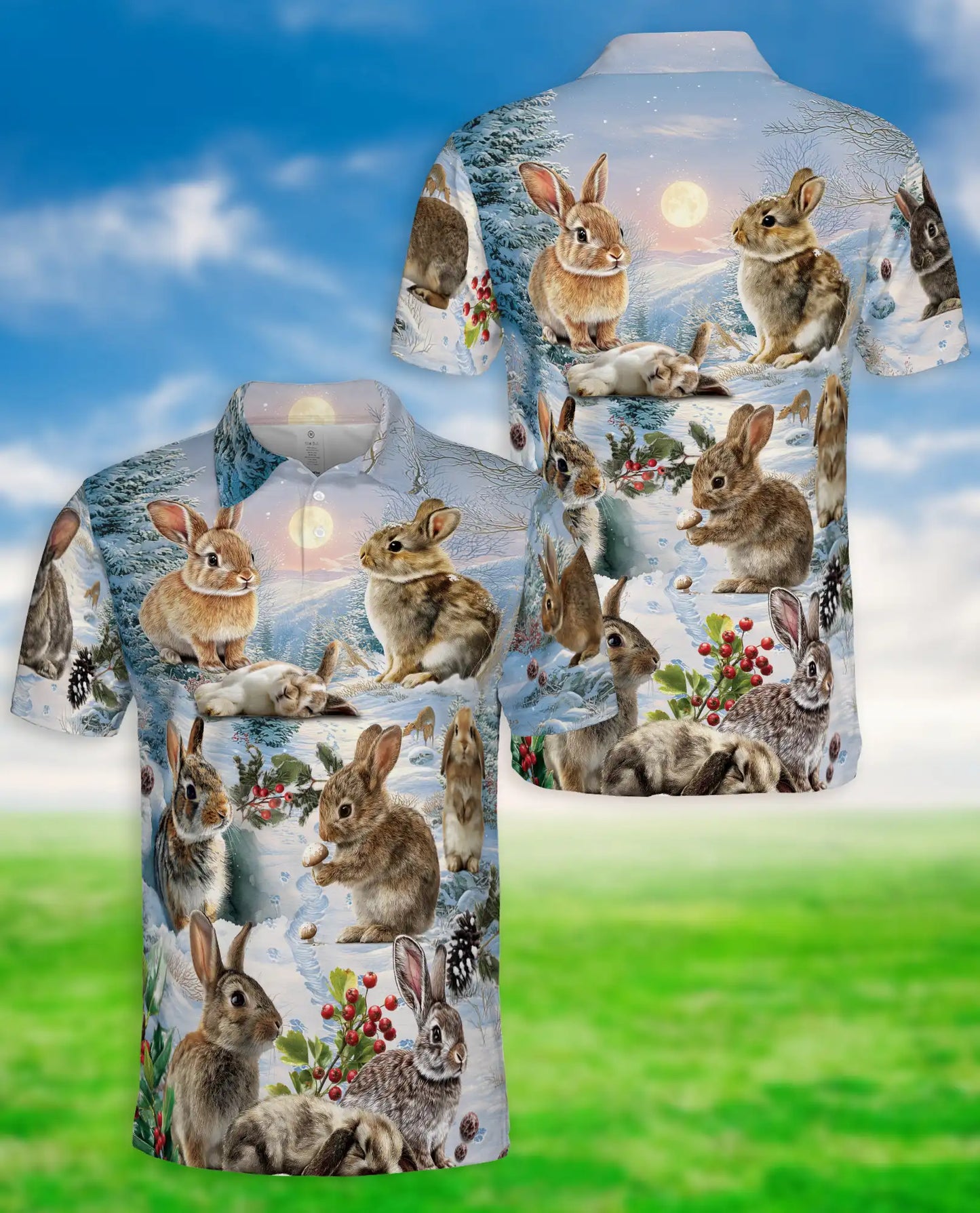Winter Rabbit Polo Shirt, Snow Bunny Woodland Print | Azhawaiian