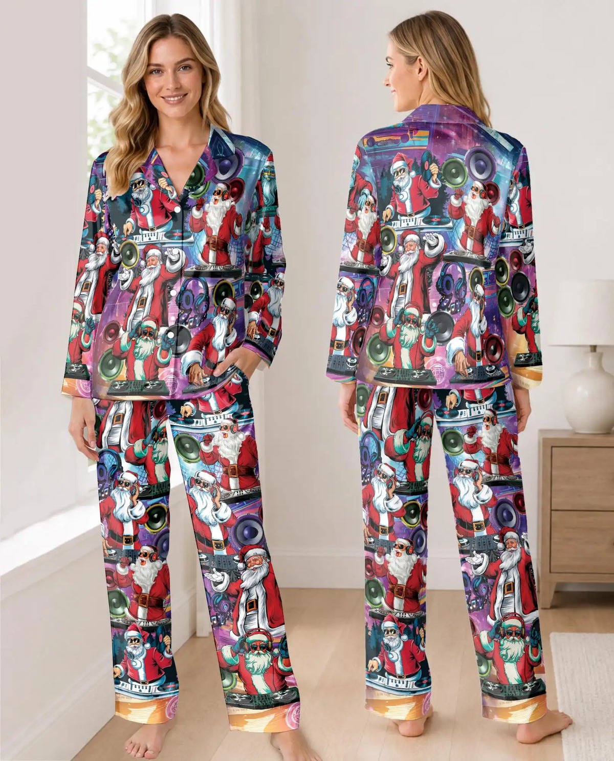 DJ Santa Christmas Pajama Set for Women – Colorful Music Party Print