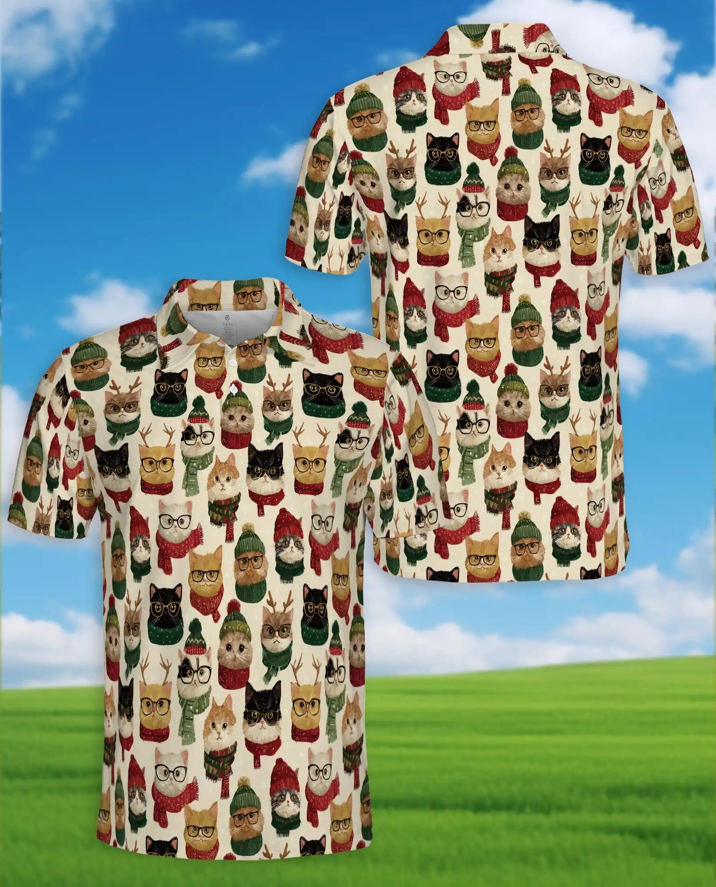 Christmas Cat Polo Shirt - Cozy Winter Kitty Style | Azhawaiian