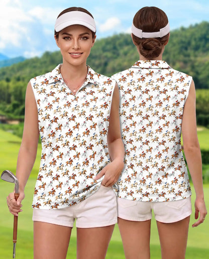 Horse Jockey Print Sleeveless Polo Shirt for Women, Equestrian Racing Style | Azhawaiian