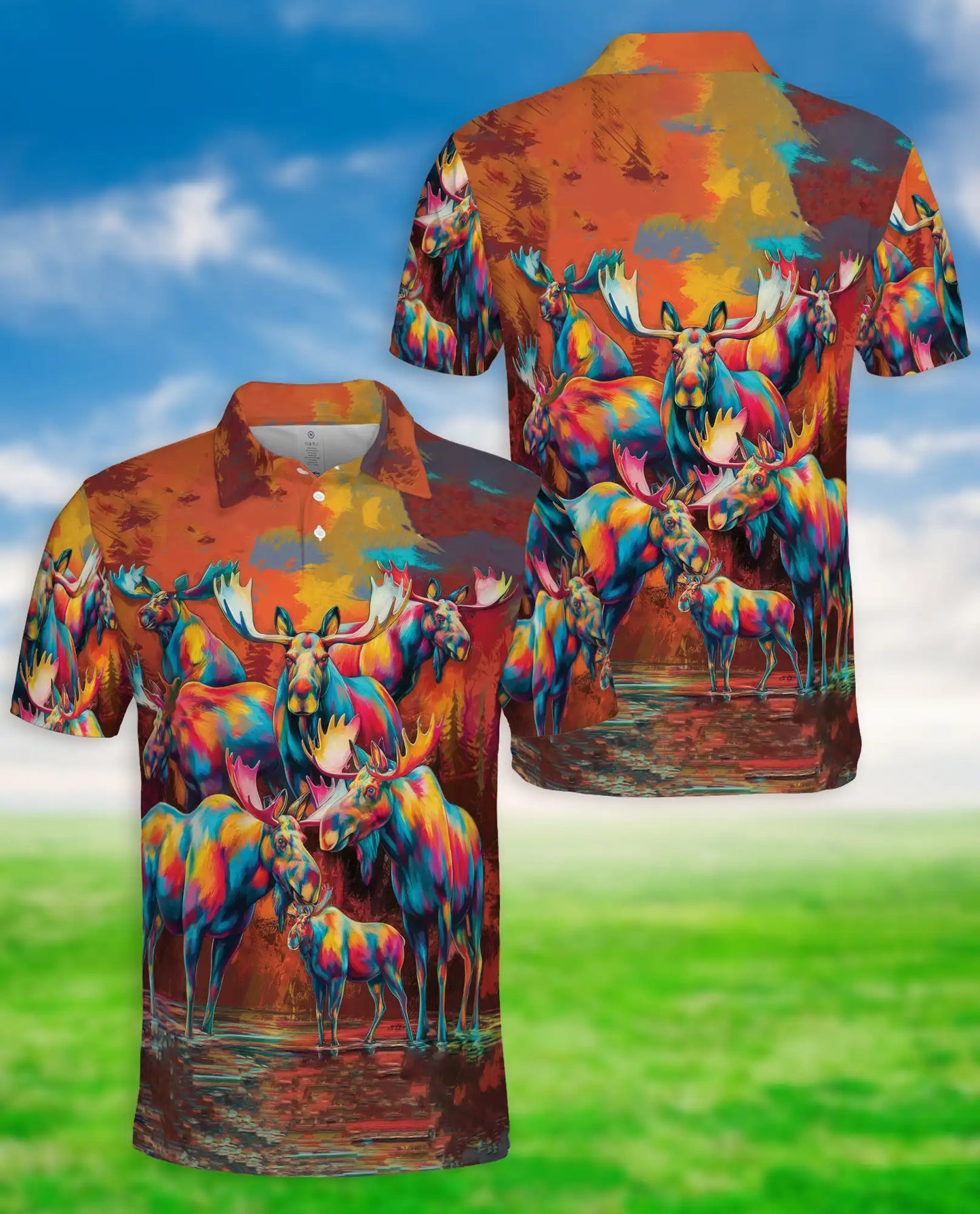 Colorful Moose Polo Shirt, Artistic Wildlife Style | Azhawaiian