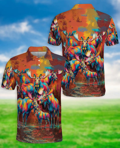 Colorful Moose Polo Shirt, Artistic Wildlife Style | Azhawaiian
