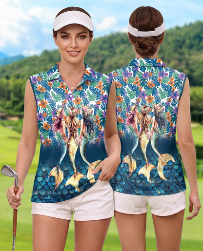 Three Mermaids Sleeveless Polo Shirt for Women | Azhawaiian