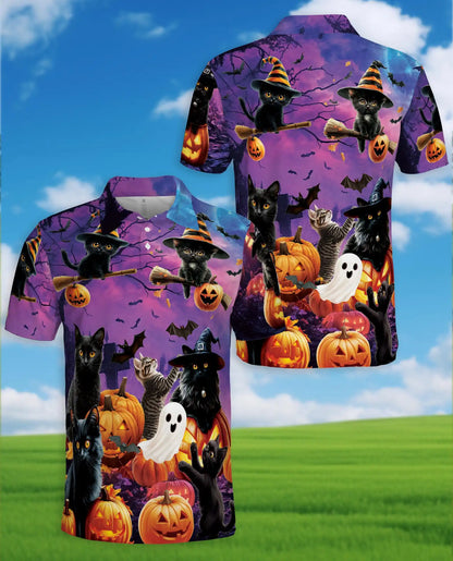Halloween Black Cat Polo Shirt for Men, Spooky Cat Print | Azhawaiian