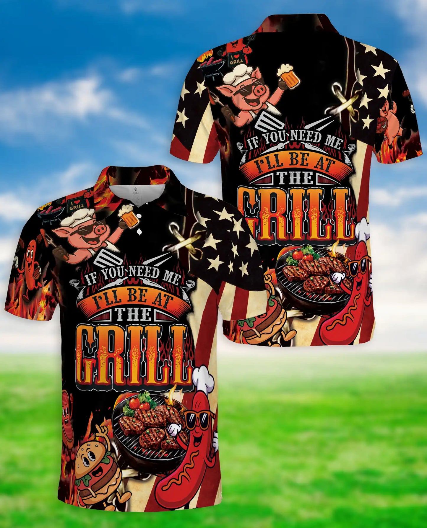 BBQ Grill Party Polo Shirt for Men, Fun Food & American Style | Azhawaiian