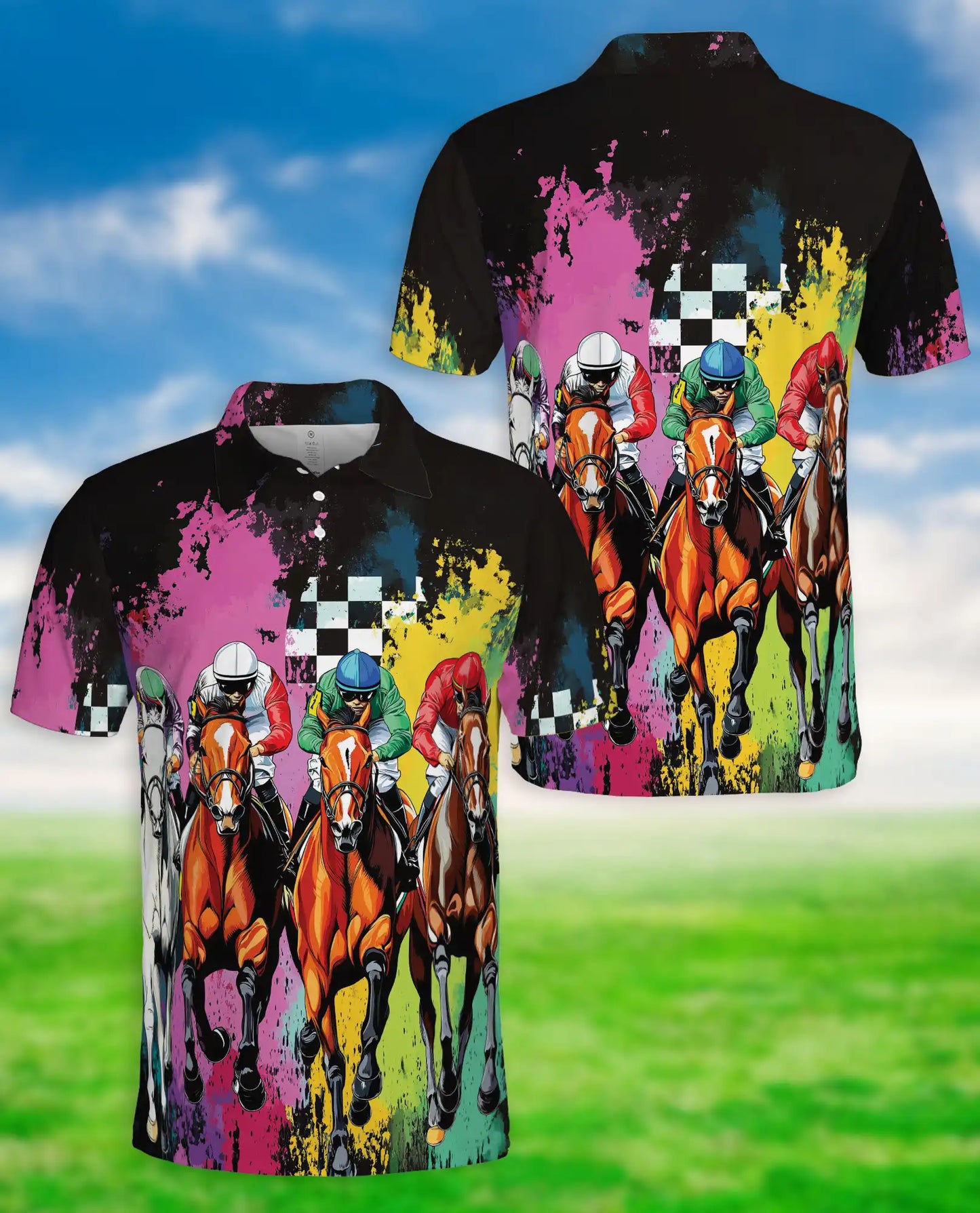 Color Splash Horse Racing 3D Polo Shirt for Men, Dynamic Jockey Derby Style | Azhawaiian