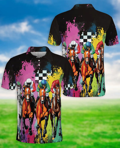 Color Splash Horse Racing 3D Polo Shirt for Men, Dynamic Jockey Derby Style | Azhawaiian