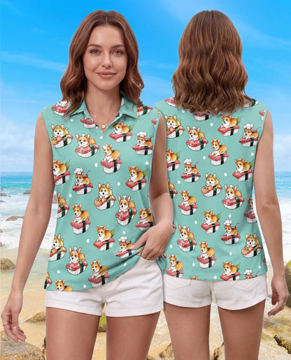 Sushi Corgi Sleeveless Polo Shirt for Women | Azhawaiian