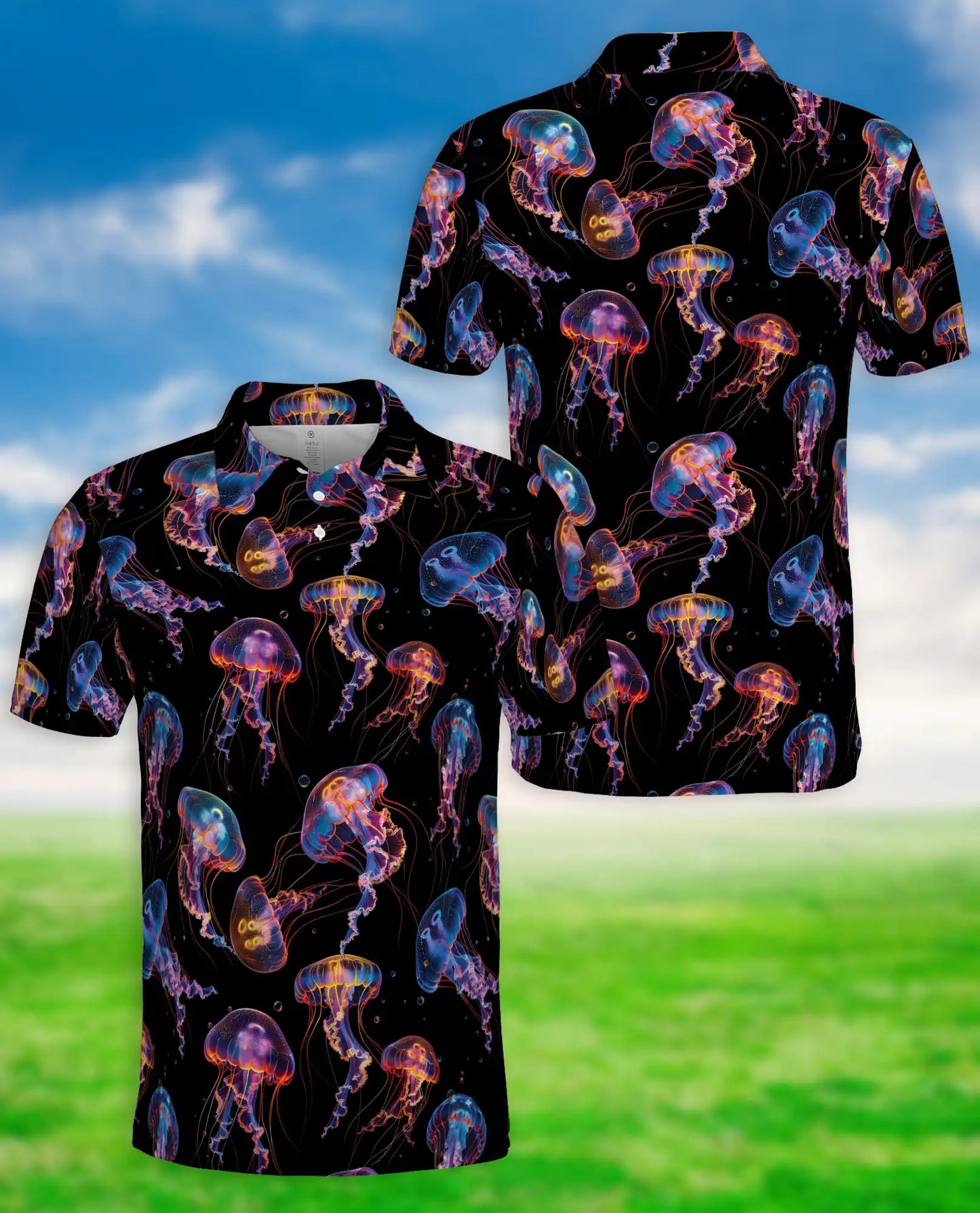 Jellyfish Polo Shirt, Neon Ocean Print | Azhawaiian