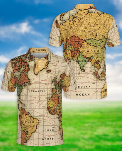 Vintage World Map Polo Shirt-Antique Nautical Atlas Print Travel Theme | Azhawaiian