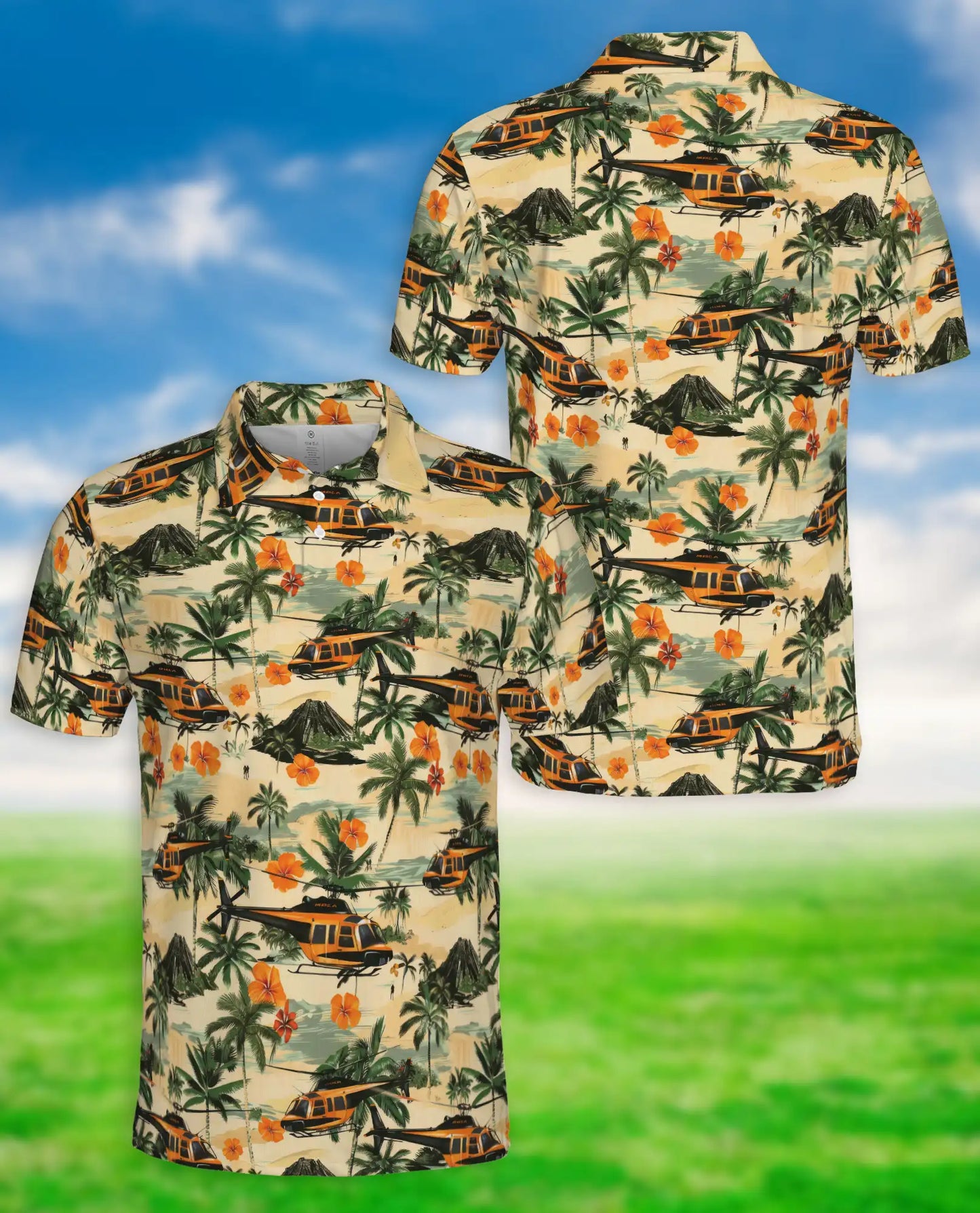 Tropical Helicopter Polo Shirt for Men- Print Palm Tree Volcano| Azhawaiian