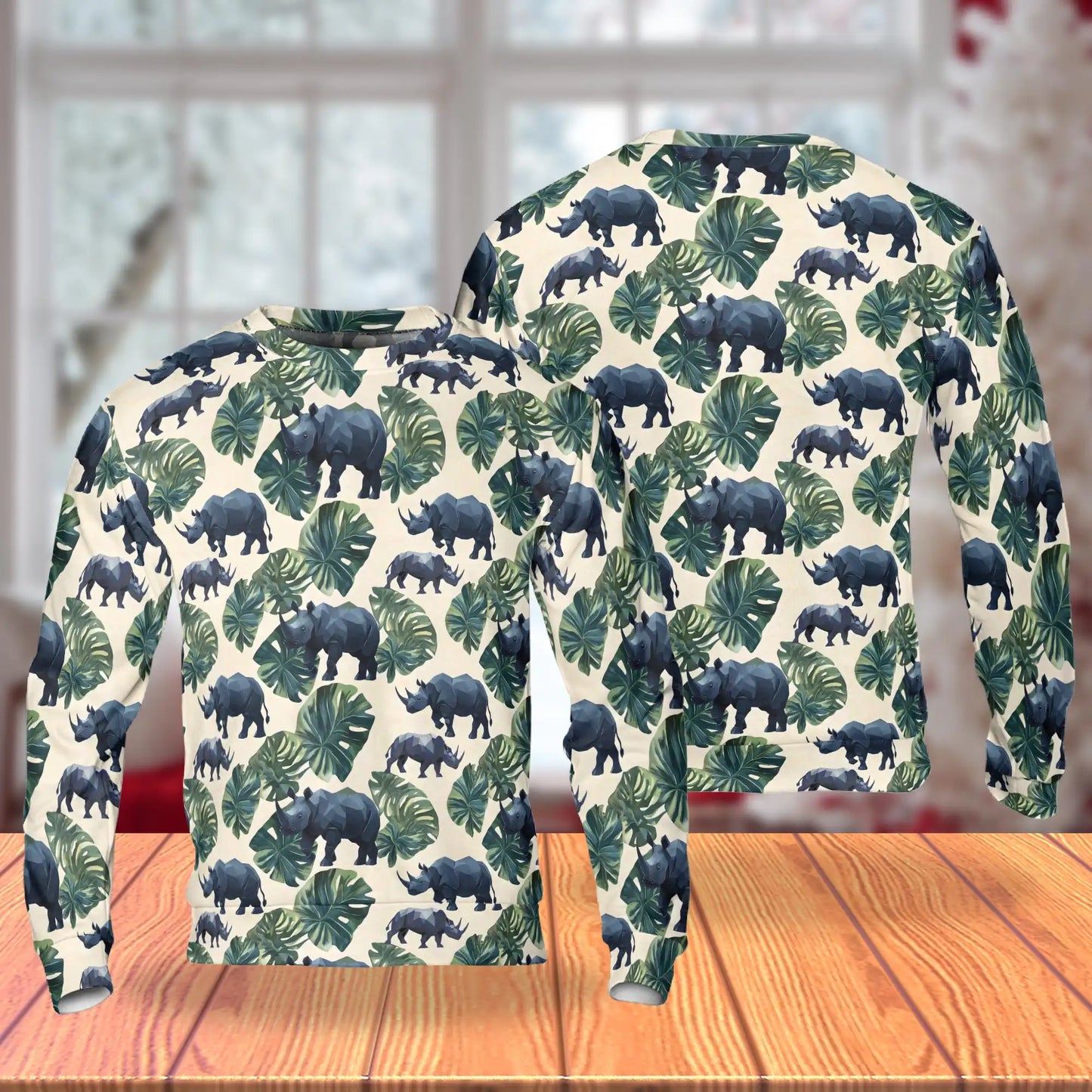 Rhino and Monstera Leaf Pattern Sweatshirt – Tropical 3D All Over Print Design
